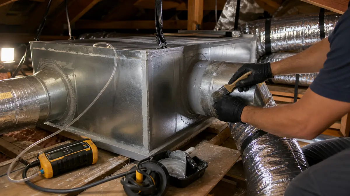 Duct leakage and static pressure testing in a Burbank, CA attic